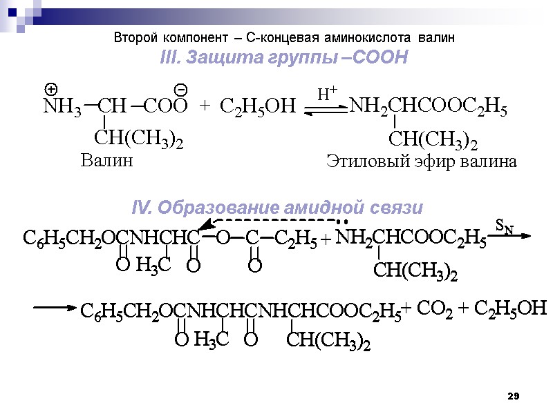 29 Второй компонент – С-концевая аминокислота валин III. Защита группы –СООН IV. Образование амидной